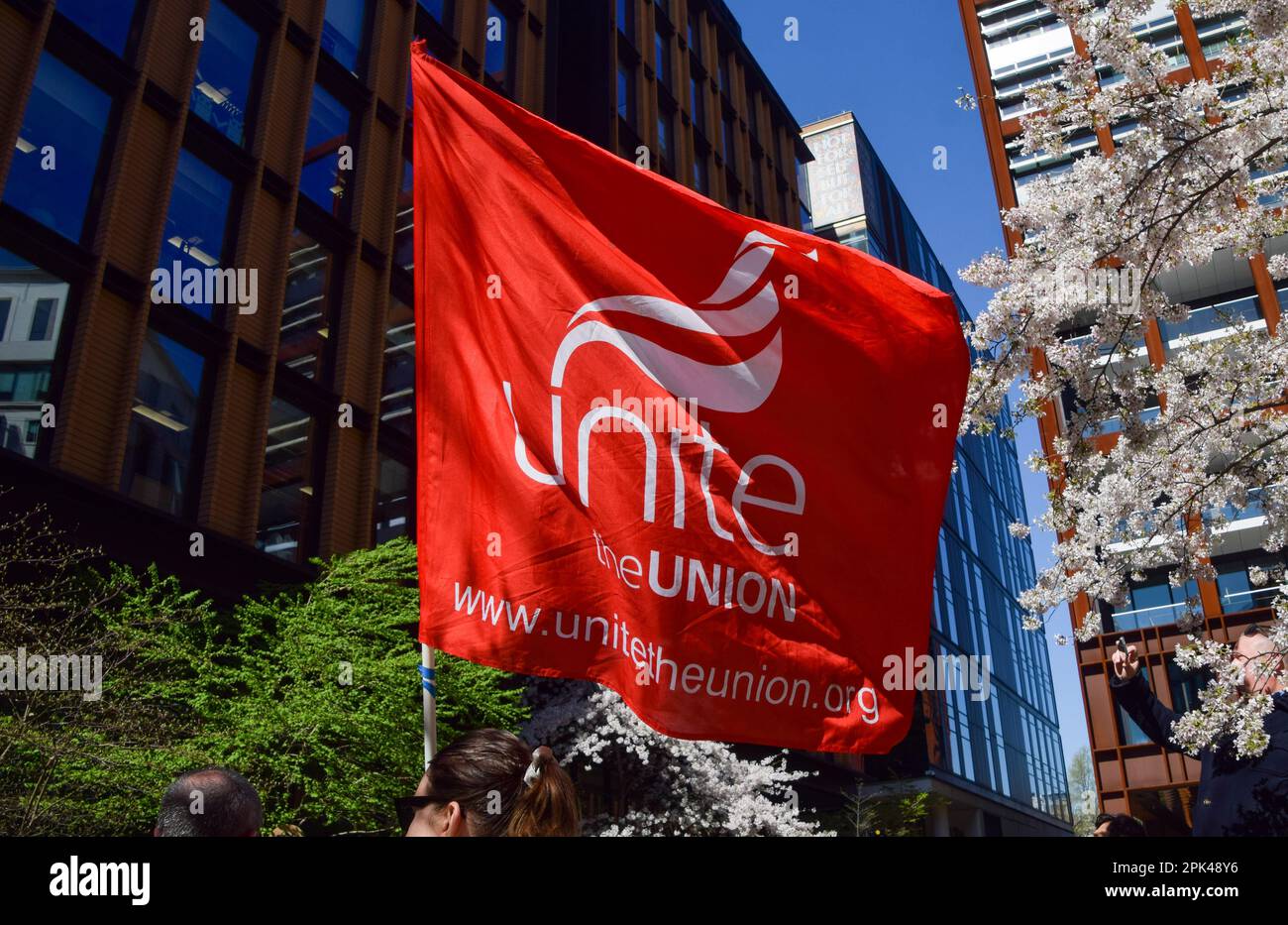 London, UK. 4th April 2023. Google workers gathered for a protest staged by Unite the union outside the Google HQ in King’s Cross, in response to what they call “appalling treatment and union busting’” of staff facing redundancies. Stock Photo