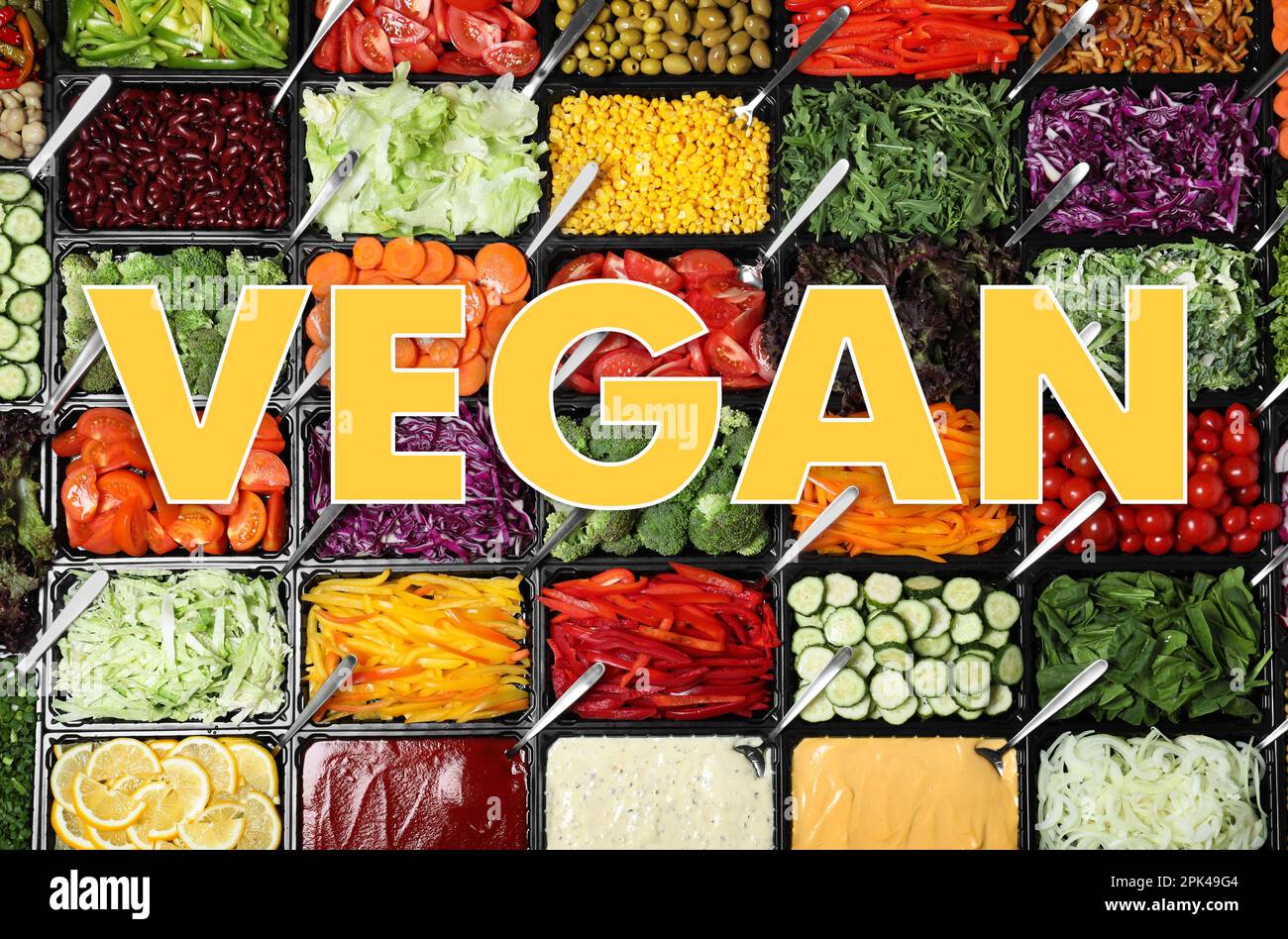 Word Vegan and different fresh vegetables, top view Stock Photo Alamy