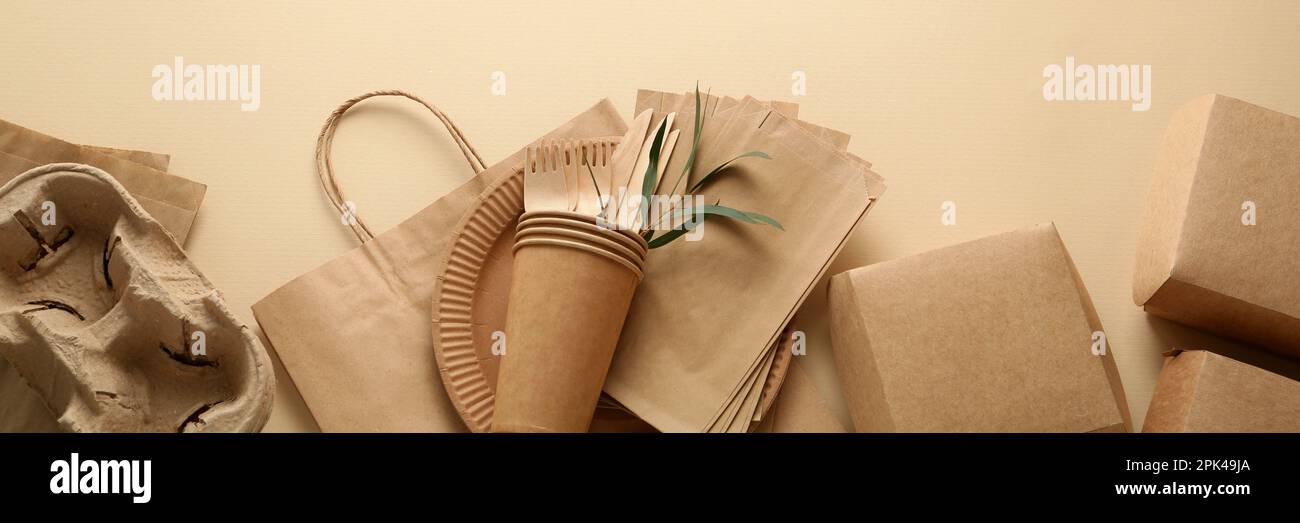 Flat lay composition with eco friendly products on beige background ...