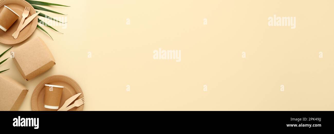 Flat lay composition with eco friendly products on beige background ...
