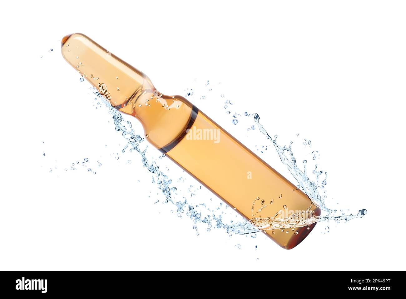Glass ampoule with pharmaceutical product and splash of water on white