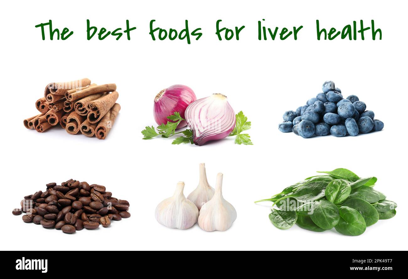 List of the best foods for liver health. Collage with different tasty