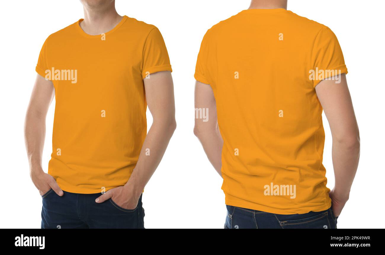 Man wearing orange tshirt on white background, back and front view