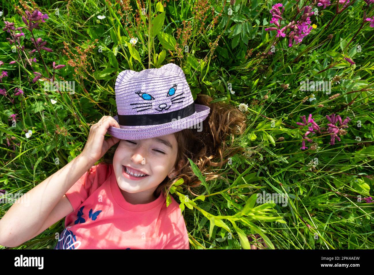 Portrait of a child in a hat with his face covered in summer lying in the grass and wildflowers. Hat with eyes and ears like a cat, summer time, freed Stock Photo