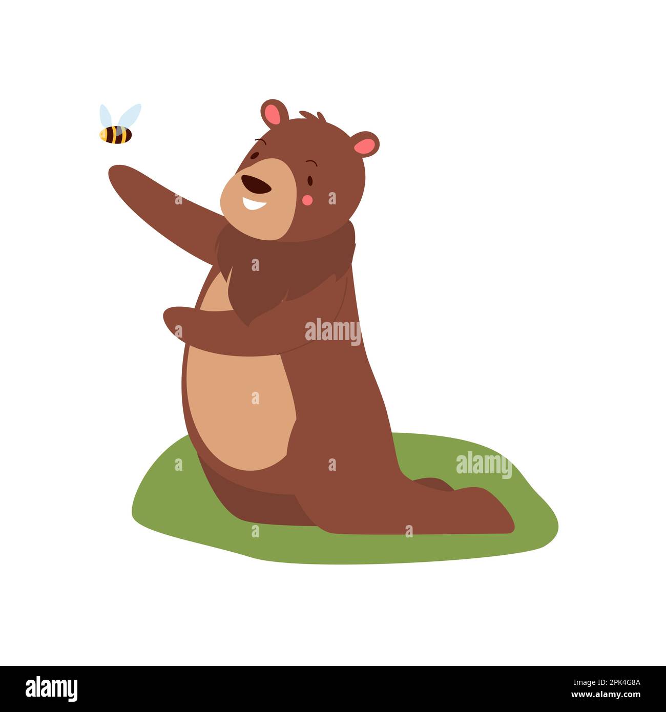 Cute bear playing with bee. Forest big animal, honey lover teddy bear vector illustration Stock Vector