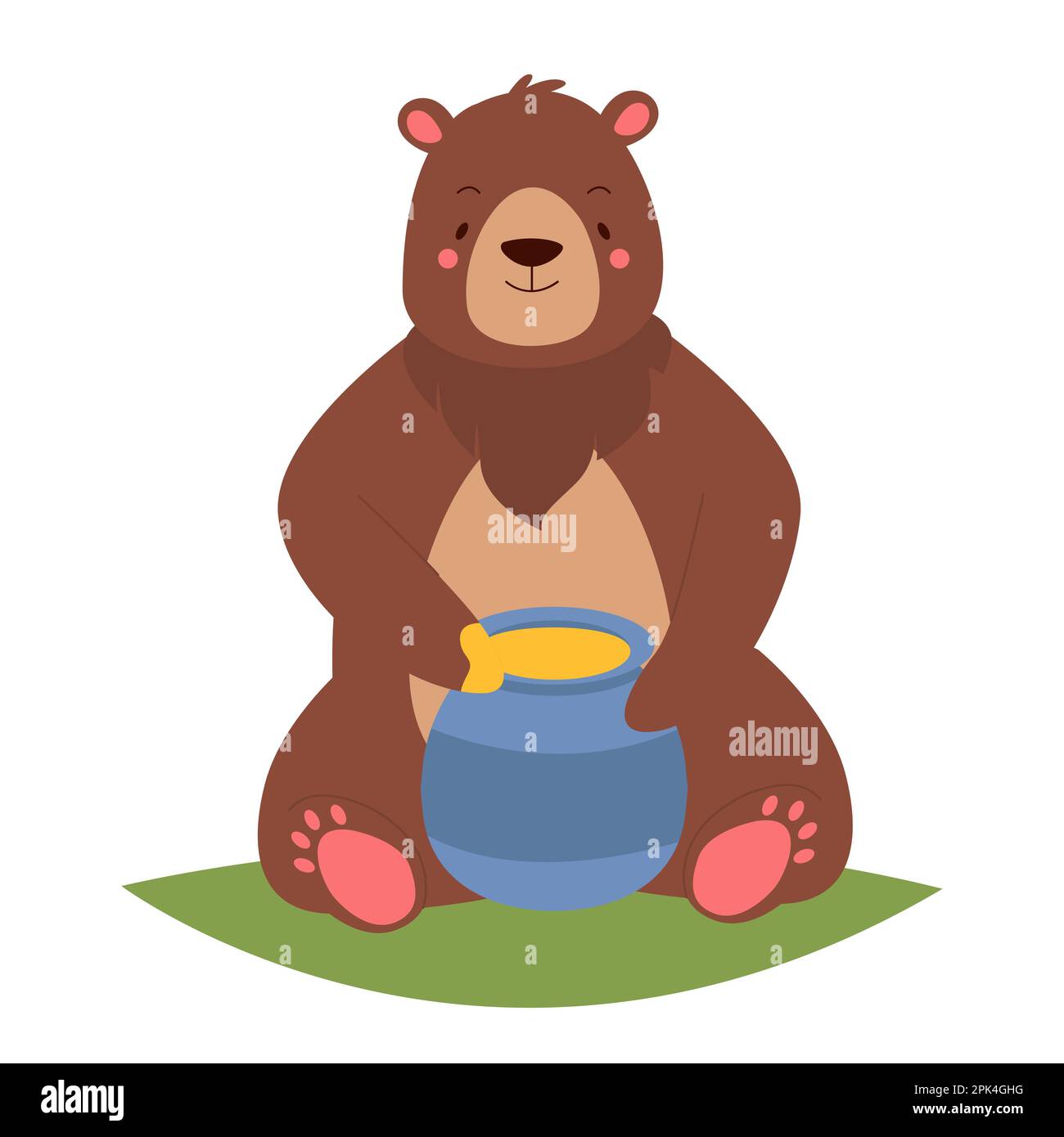 Cute bear eating honey. Honey lover, teddy bear sitting with jar of