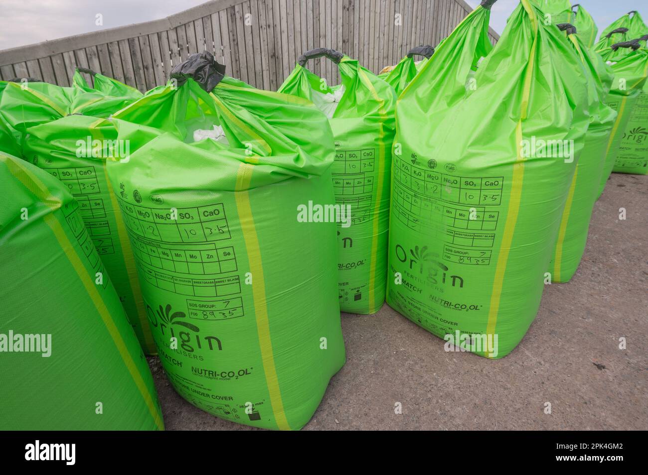 Bags of fertiliser at a dairy farm in Carmarthenshire, Wales, UK. Chemicals contained in the