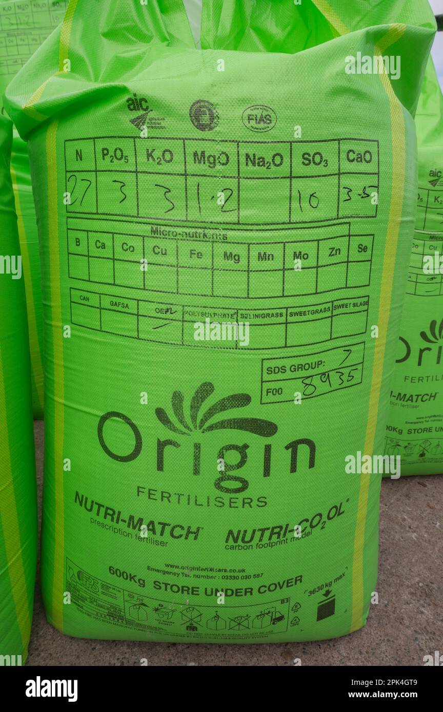 Bags of fertiliser at a dairy farm in Carmarthenshire, Wales, UK. Chemicals contained in the