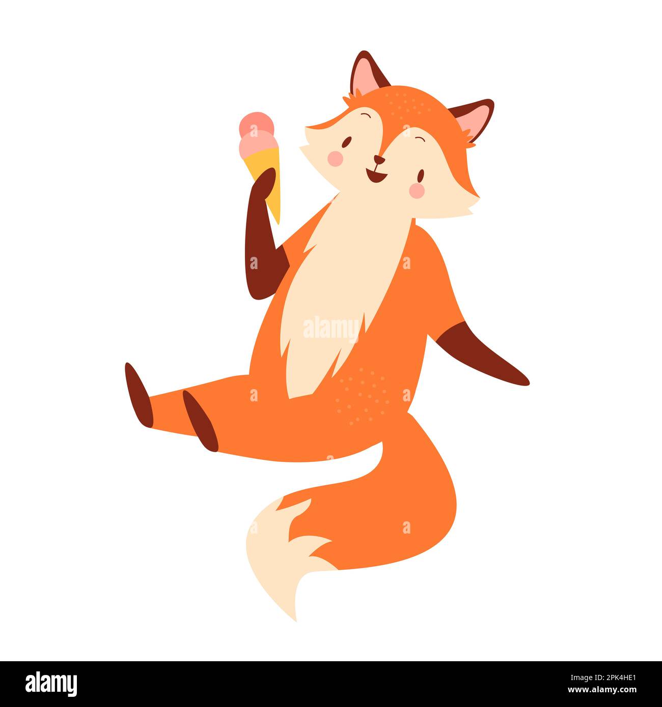 Cute fox eating ice cream. Forest animal with dessert, smiling sitting