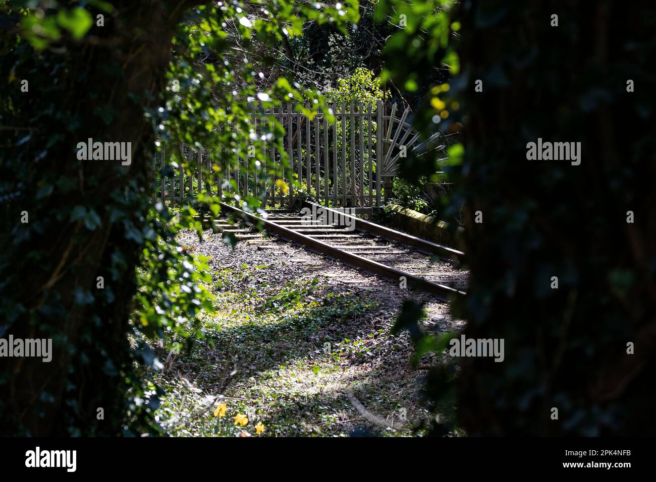 Steel railings erected across a disused railway line signify the end of the line at Llangefni in Anglesey, North Wales which closed in 1964 Stock Photo
