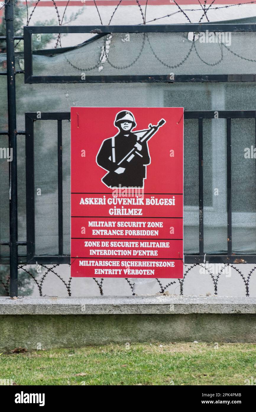 Istanbul, Turkey - December 11, 2022: Military security zone, entrance forbidden sign. Stock Photo
