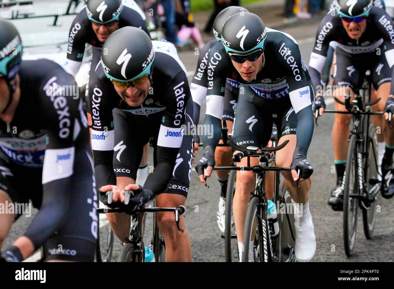 09 May 2014 - Giro D'Italia 2014 - Stage 1 - Colombian great Rigoberto Uran (third rider in) in the Omega Pharma - Quick-Step train at tonight's team time trial in Belfast Northern Ireland. © David Hunter. Stock Photo