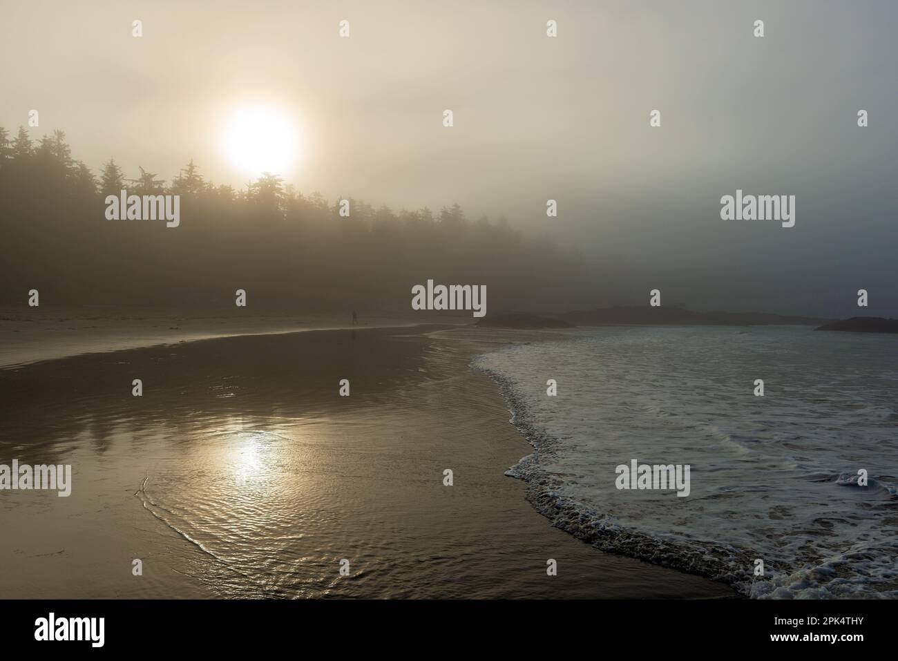 Chesterman Beach with man walking in mist, Tofino, British Columbia, Canada. Stock Photo