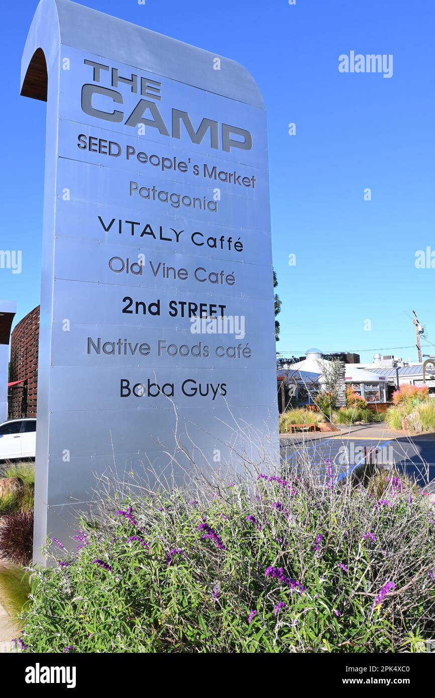 COSTA MESA, CALIFORNIA 4 APR 2023 Sign with a list of shops and