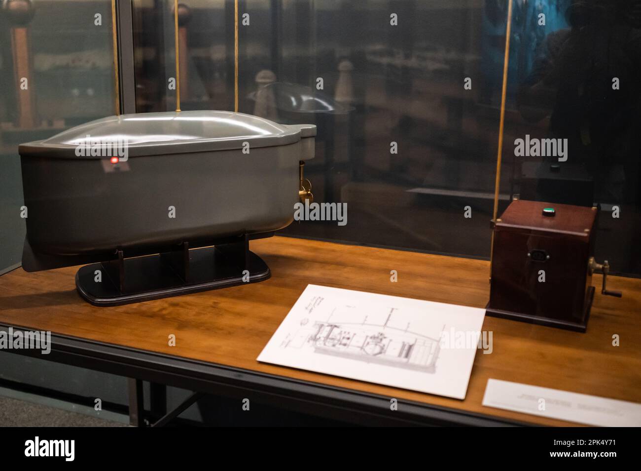 Prototype of remote controlled boat presented in 1898.   'Nikola Tesla, the genius of modern electricity' exhibition at CaixaForum Zaragoza, Spain, in Stock Photo