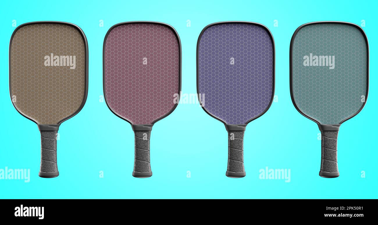 Multicolored pickleball rackets with a black handle in a row on an