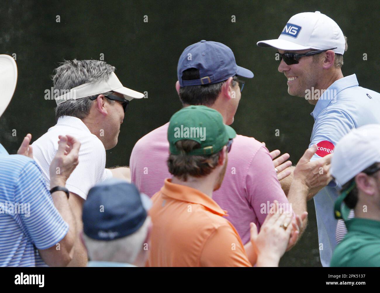 Augusta, United States. 05th Apr, 2023. Seamus Power of Ireland is cheered by spectators after sinking a hole-in-one on the 8th hole during the Par 3 Contest at the Masters tournament at Augusta National Golf Club in Augusta, Georgia on Wednesday, April 5, 2023. Photo by Bob Strong/UPI Credit: UPI/Alamy Live News Stock Photo