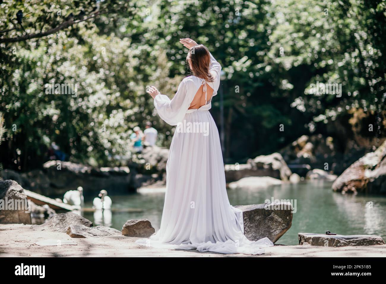 a beautiful woman in a long white dress looks into the distance at a beautiful lake with swans rear view Stock Photo