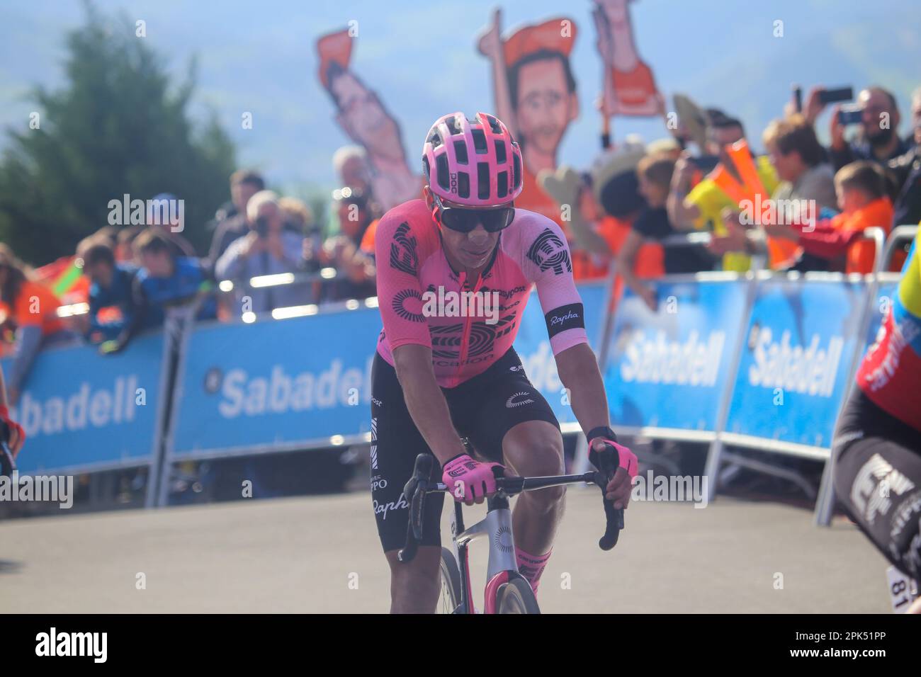 Amasa-Villabona, Spain, 05th April, 2023: The EF Education - EasyPost rider, Rigoberto Uran reaching the finish line during the 3rd Stage of the Itzulia Basque Country 2023 between Errenteria and Amasa-Villabona on April 05, 2023, in Amasa-Villabona, Spain. Credit: Alberto Brevers / Alamy Live News Stock Photo