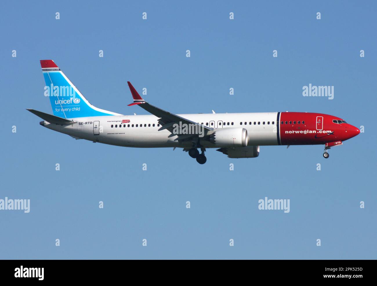 A Boeing 7378 MAX of Norwegian Air Shuttle in a special Unicef livery