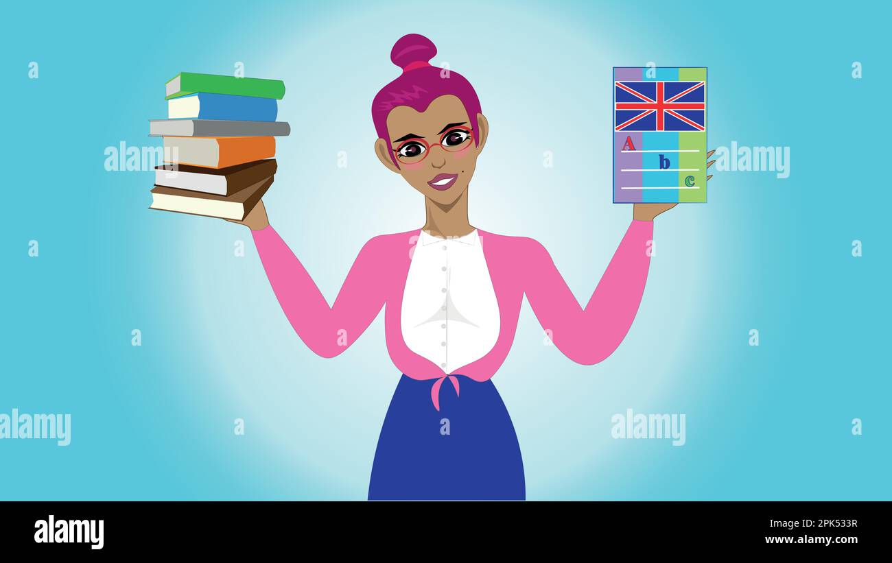 The lady is holding foreign language textbooks, an English textbook. education Stock Vector