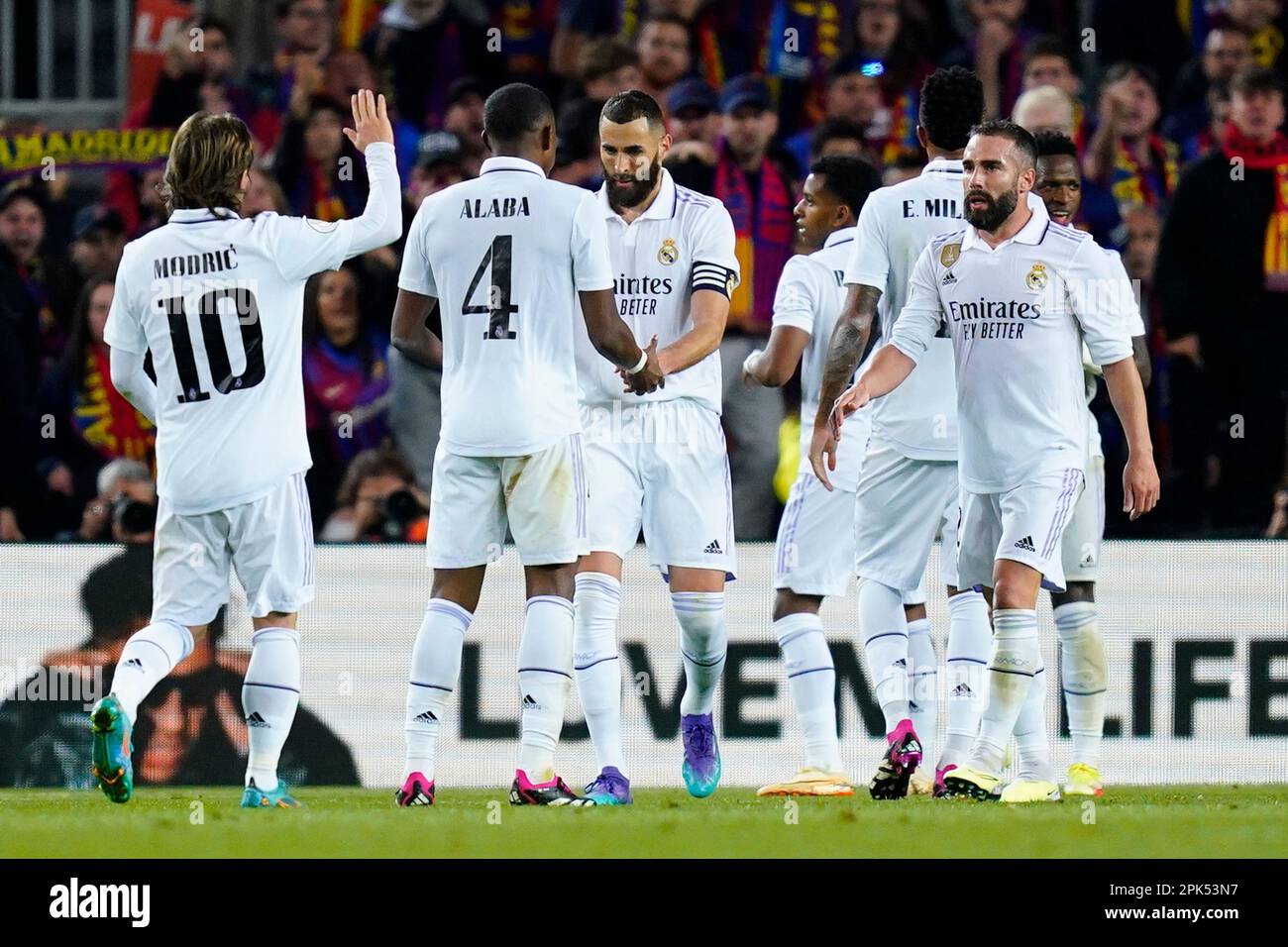 Barcelona, Spain. April 5, 2023, Karim Benzema of Real Madrid celebrates his goal during  Copa del Rey match, Semi-Finals, second leg, between FC Barcelona v Real Madrid. played at Spotify Camp Nou Stadium on April 5, 2023 in Barcelona, Spain. (Photo by Sergio Ruiz / PRESSIN) Stock Photo