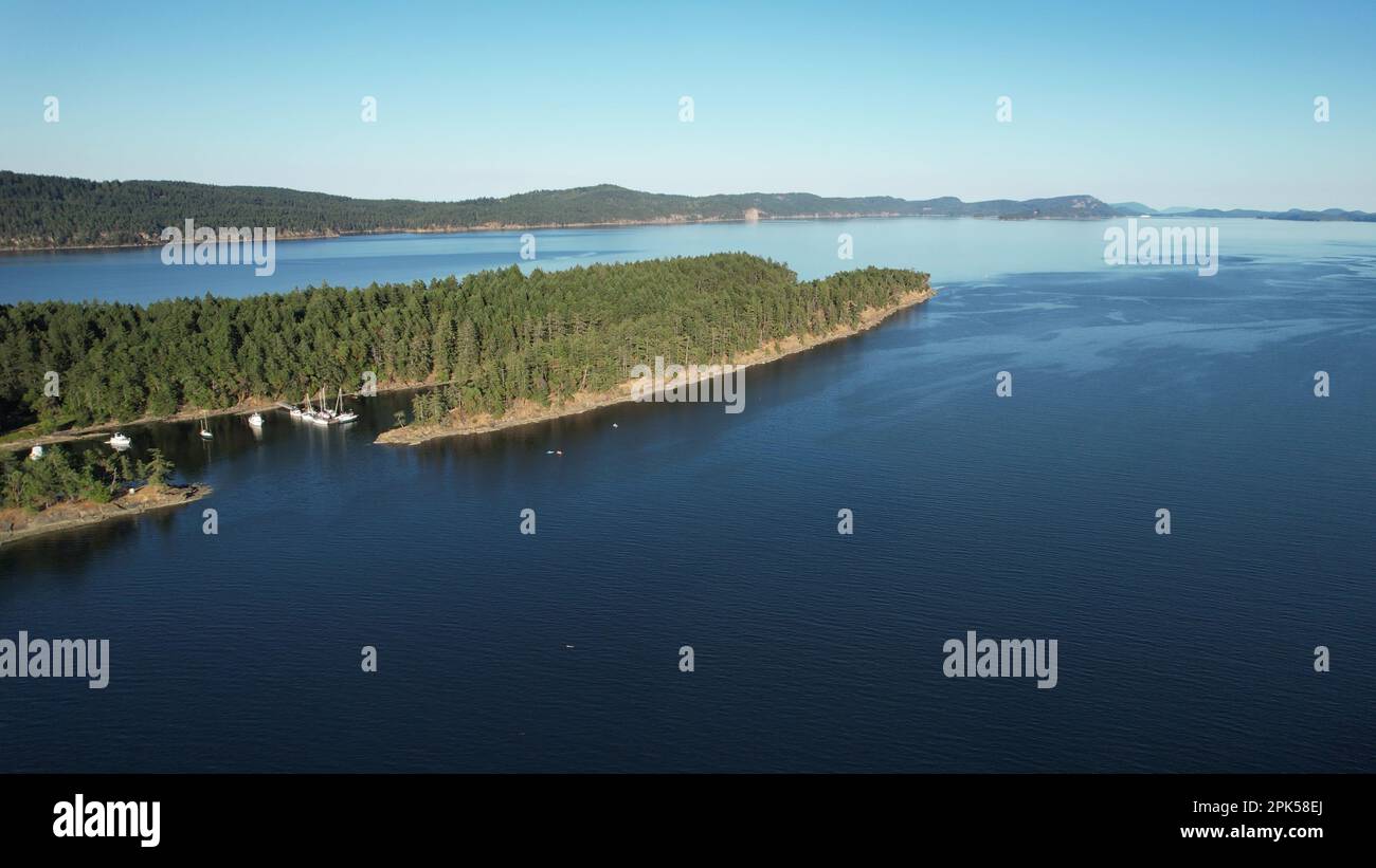 Boats at the dock in Conover Cove, Wallace Island Provincial Park aerial photo, British Columbia, Canada Stock Photo
