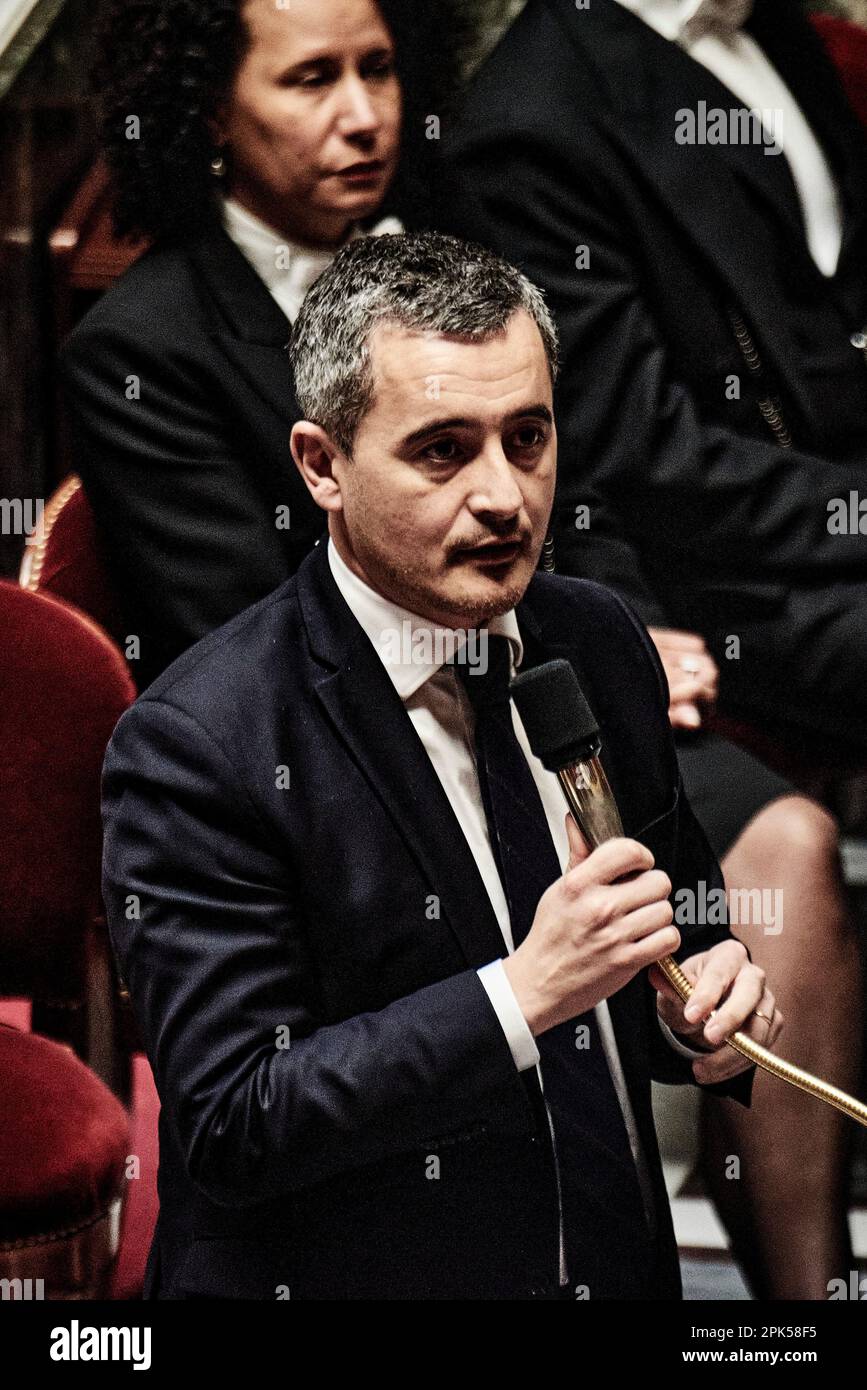 Antonin Burat / Le Pictorium -    -  4/4/2023  -  France / Ile-de-France (region) / Paris  -  Minister of the Interior Gerald Darmanin answers MPs during the session of questions to the government of April 4, 2023, in the French National Assembly. Stock Photo
