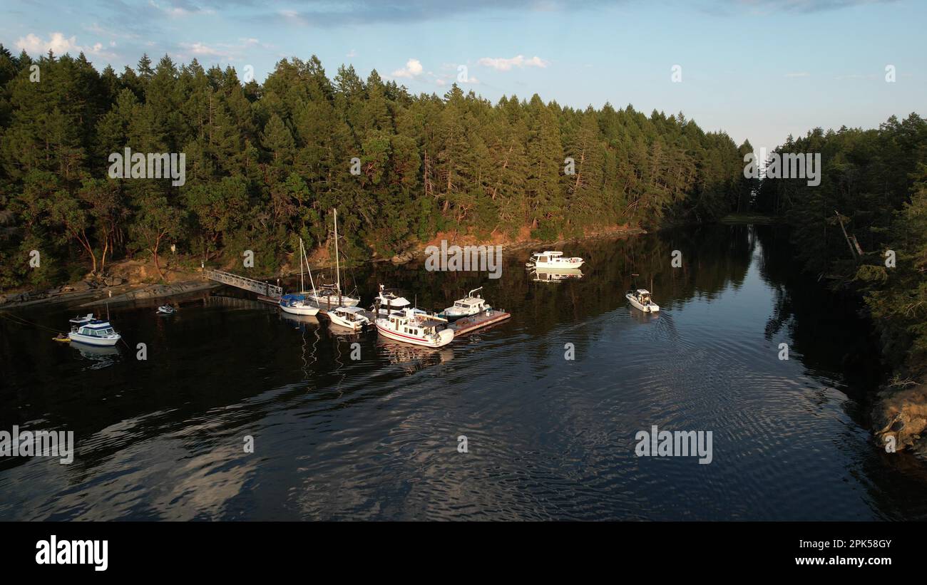 Boats at the dock in Conover Cove, Wallace Island Provincial Park aerial photo, British Columbia, Canada Stock Photo