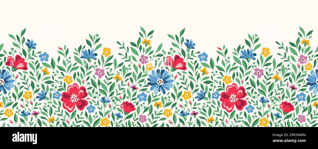 Colorful Chintz Romantic Meadow Wildflowers Horizontal Vector Seamless Pattern Border Stock Vector