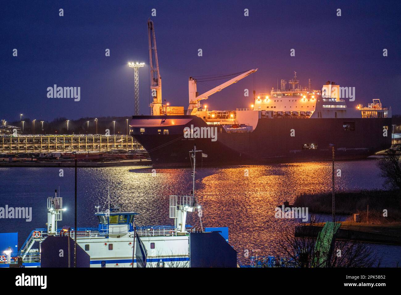 Loading of new cars, truck at BLG AutoTerminal Bremerhaven, for export overseas, Car Carrier Bahri Yanbu, seaport of Bremerhaven, Bremen, Germany Stock Photo