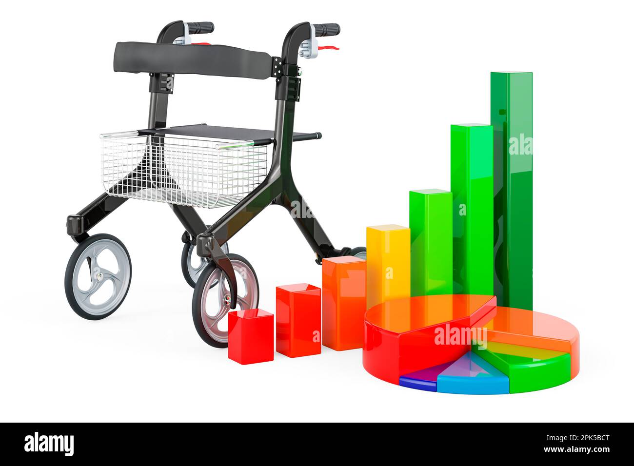 Rollator for elderly with growth bar graph and pie chart. 3D rendering isolated on white background Stock Photo