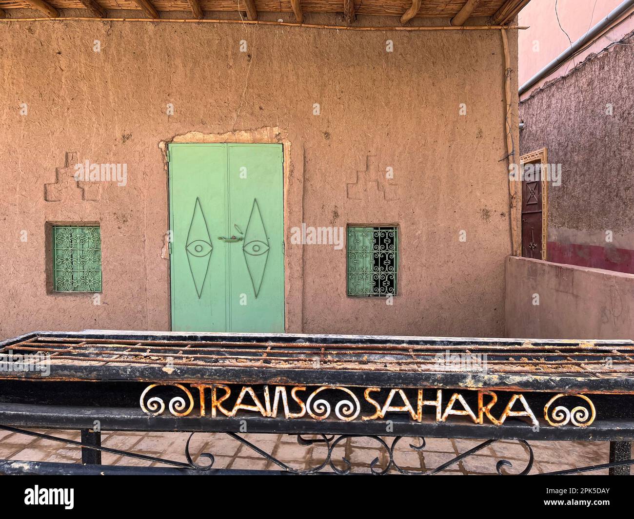 Sahara Desert, Morocco, Africa: a restaurant closed for ramadan with the outside grill in Merzouga, departure city for visiting the Erg Chebbi dunes Stock Photo