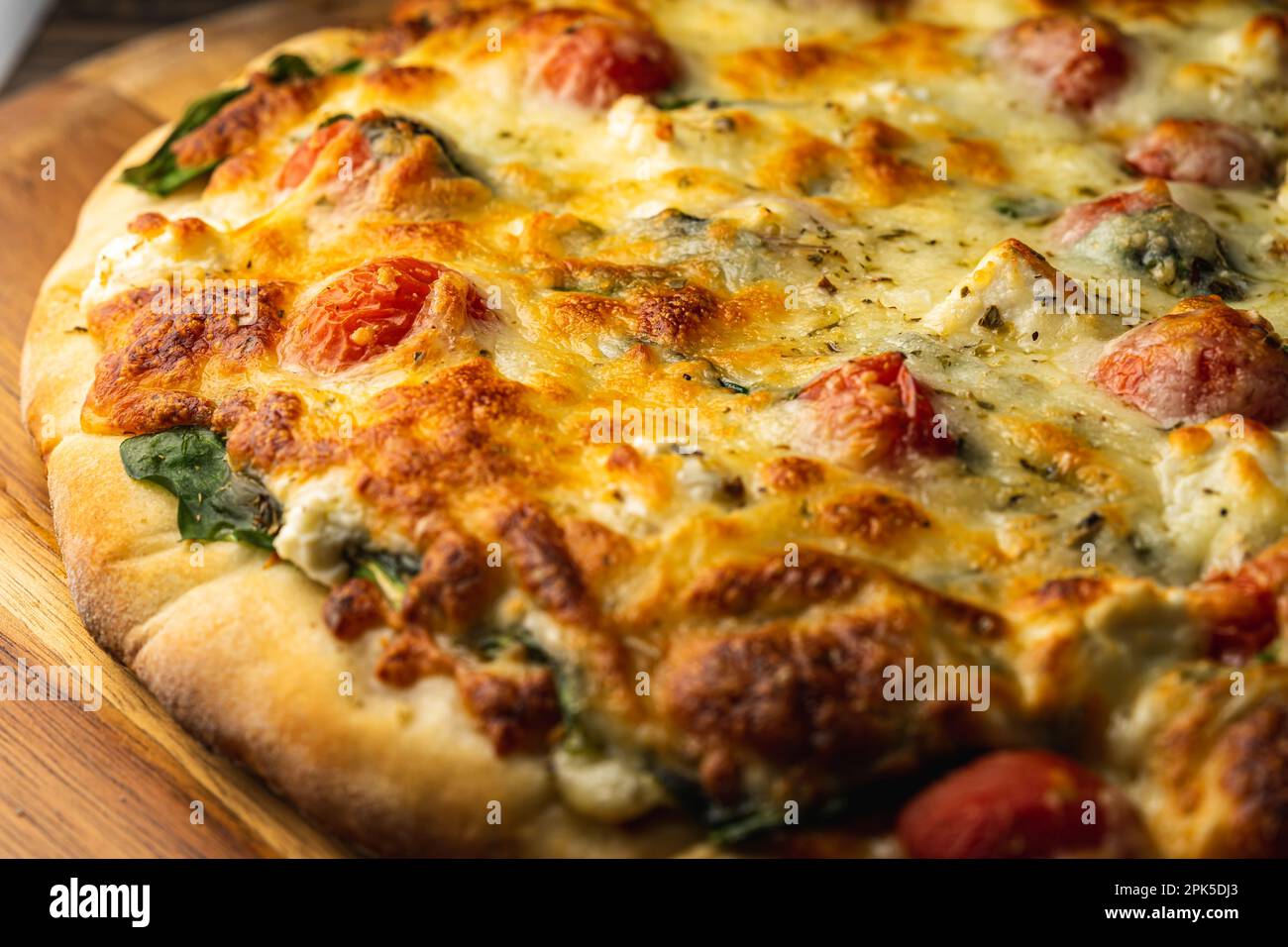 Gourmet vegetarian pizza, homemade. Close up, above shot Stock Photo