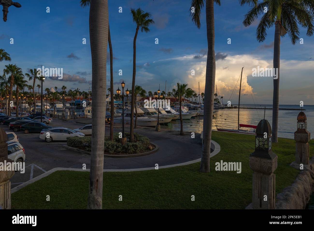 Beautiful cityscape view of downtown Oranjestad on sunset. Aruba Stock