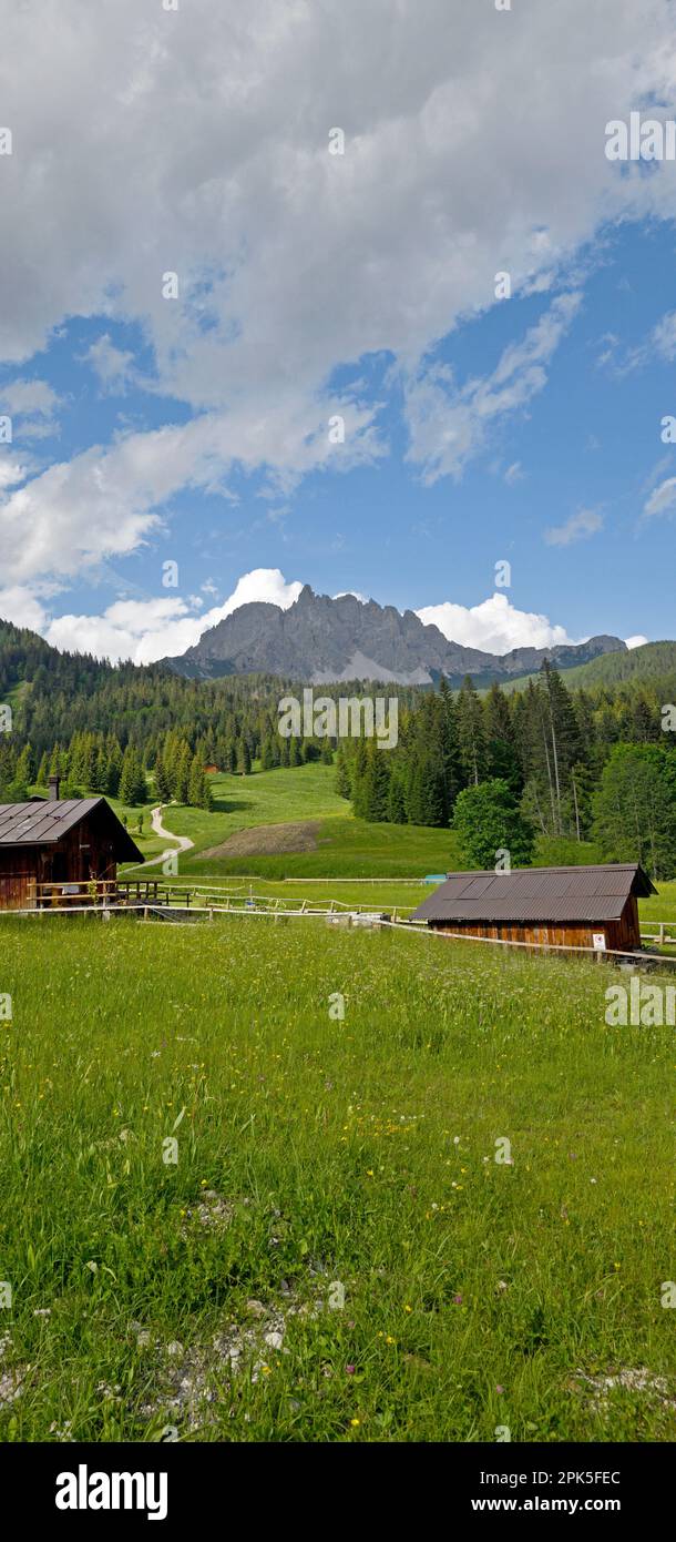 Farm buildings and mountains, Cadore Region of Dolomites, Italy Stock Photo