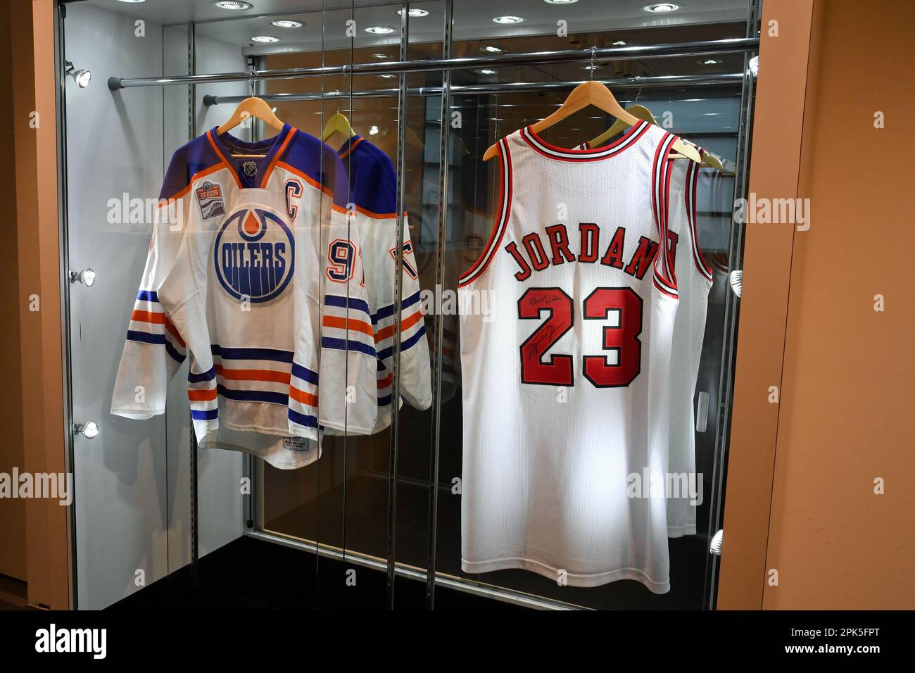 New York, USA. 05th Apr, 2023. (L-R) Connor McDavid 2016 Edmonton Oilers  '1st Career Hat Trick' Game Worn Jersey (matched to 5 games), est.  $60,000-80,000, and Michael Jordan 1998 'The Last Dance'