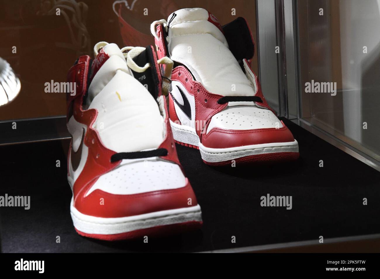 New York, USA. 05th Apr, 2023. Michael Jordan Signed 1985 'Player Sample'  Air Jordan 15 (sizes 13, 13.5), est. $100,000-200,000, are shown at  Sotheby's in New York, NY on April 5, 2023. "