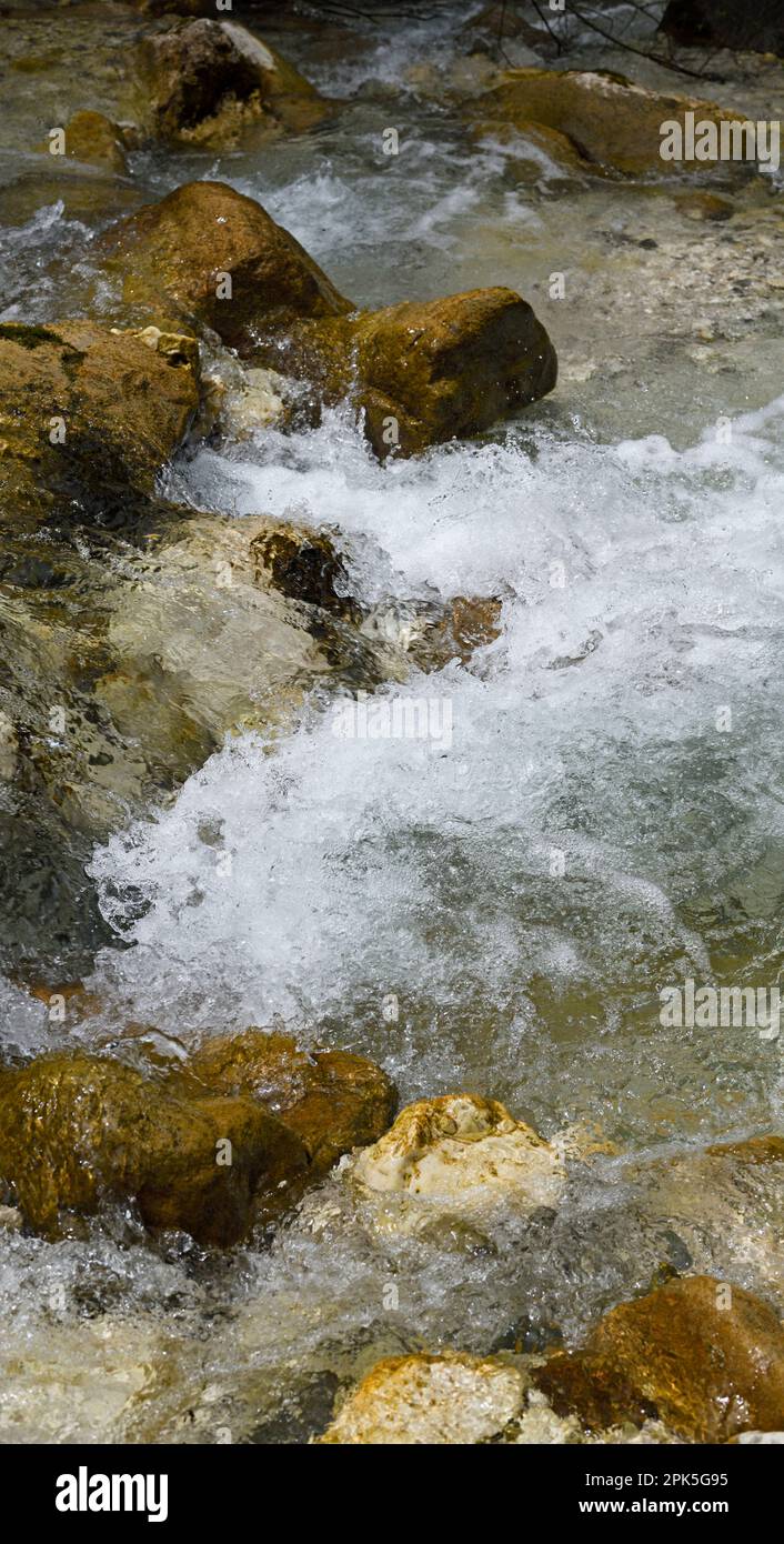 Stream in mountains, Santa Maddalena in Dolomites, Italy Stock Photo