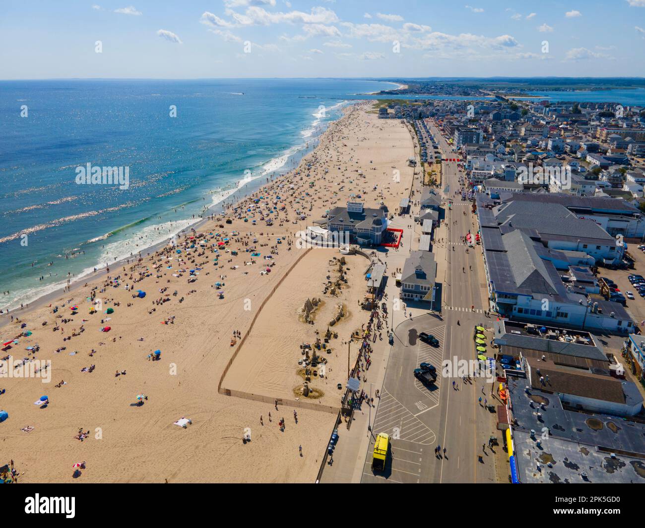 Hampton Beach aerial view including historic waterfront buildings on ...