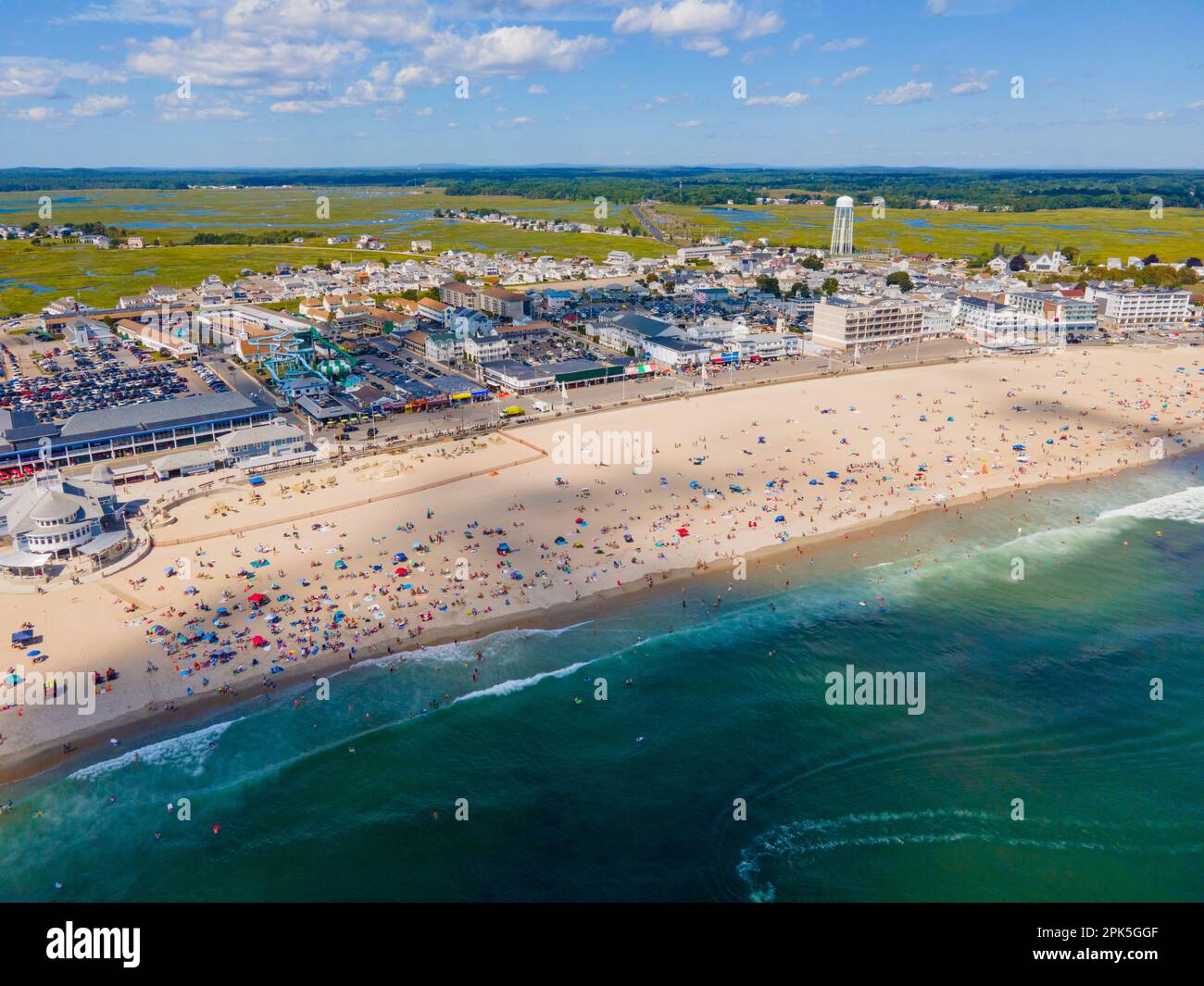 Hampton Beach aerial view including historic waterfront buildings on