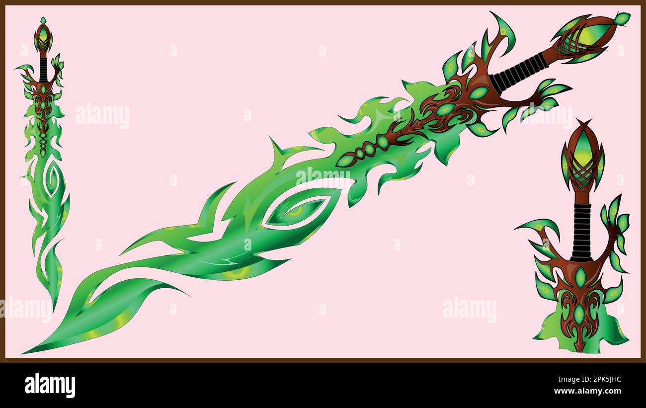 A fantasy sword of the woodland element of wood and foliage, a beautifully elegant sword of the world of fairy tale and fantasy. magical sword Stock Vector