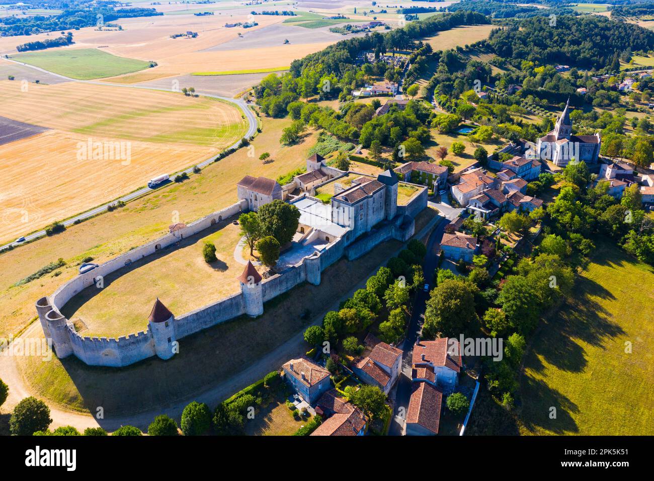 Drone view of French village of VilleboisLavalette with caslte Stock
