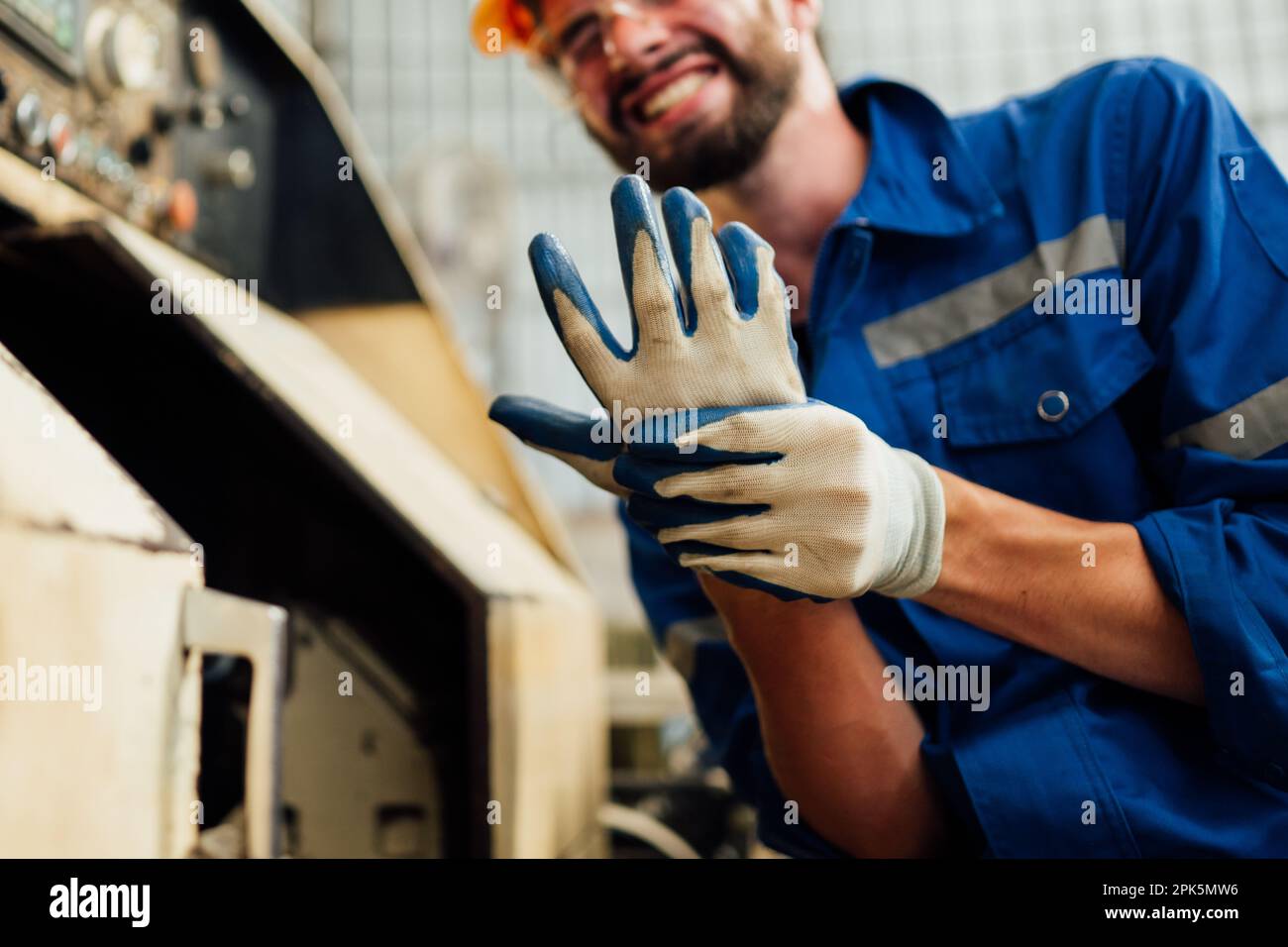 Engineer worker with accident at factory, Injury from machine working