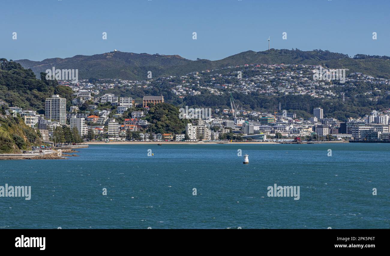View of Wellington from deck of departing Cook Strait Ferry Stock Photo