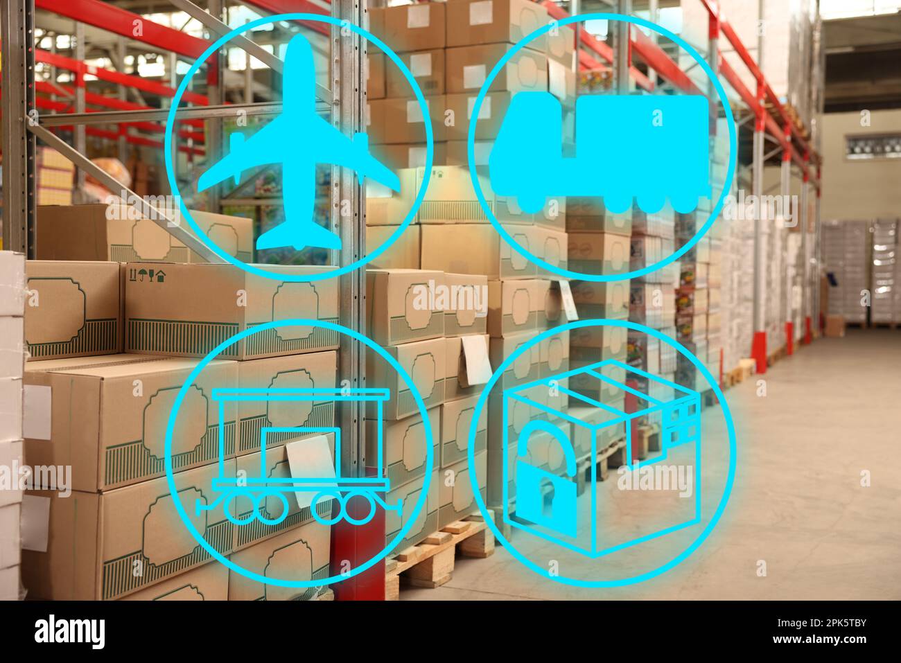 Illustration of shipping icons and warehouse with stacks of boxes on ...