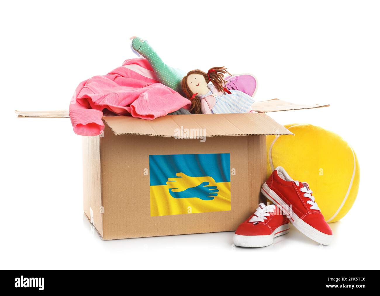 Humanitarian aid for Ukrainian refugees. Donation box, shoes, clothes