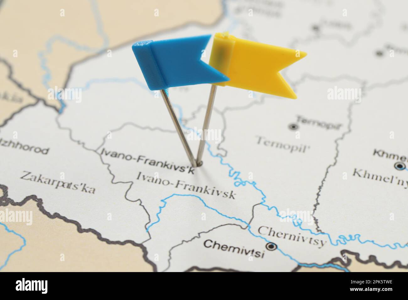 MYKOLAIV, UKRAINE - NOVEMBER 09, 2020: Ivano-Frankivsk city marked with push pins on contour map of Ukraine, closeup Stock Photo