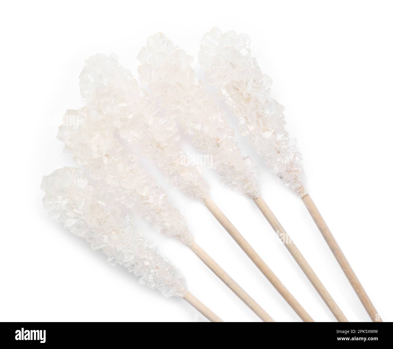 Tsaty Rocks Wooden sticks with sugar crystals isolated on white, top view. Tasty ...