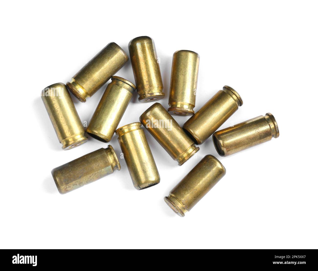Cartridge cases isolated on white, top view. Firearm ammunition Stock